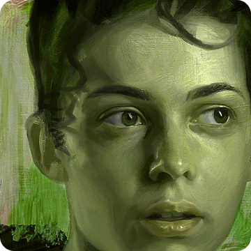The study with every hue rotated, turning the skin green