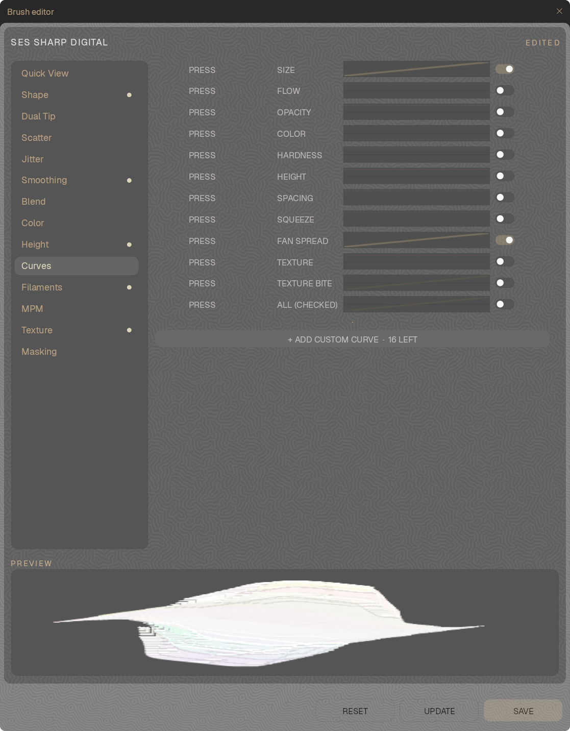 The brush editor showing a pressure curve for every brush parameter, with a live stroke preview