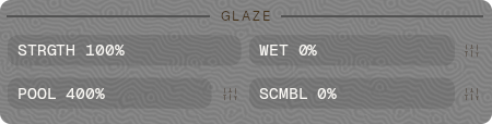 The Glaze section of the layers panel: Strength 100%, Wet 0%, Pool 400% and Scumble 0%, each with a fine-tune handle