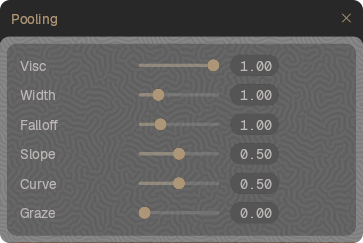 The Pooling fine-tune popup, holding viscosity, width, falloff, slope, curve and graze sliders