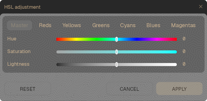 The HSL adjustment panel