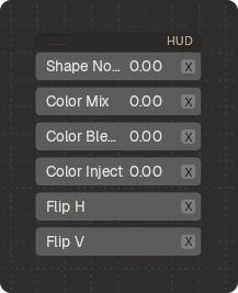The HUD, a small floating panel over the canvas holding promoted controls: Shape Noise, Color Mix, Color Blend and Color Inject sliders plus Flip H and Flip V, each with an X to send it back
