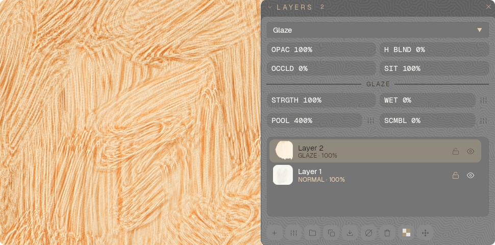 The layers panel open over a canvas of thick orange brushwork: a Glaze layer selected, with opacity, height blend, occlude and sit controls above a Glaze section holding Strength, Wet, Pool and Scumble, and two layer rows carrying live thumbnails