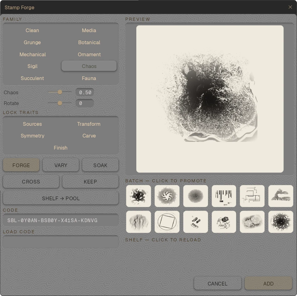 The Stamp Forge dialog: a procedural brush tip, a batch of twelve candidates and a shareable code