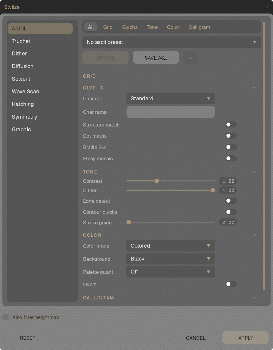 The Stylize panel with ASCII selected, showing glyph, tone and colour controls