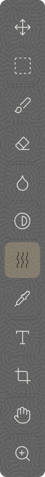 The tool rail, one narrow vertical strip: move, selection, brush, eraser, fill, gradient, liquify, eyedropper, text, crop, pan and zoom, with liquify selected