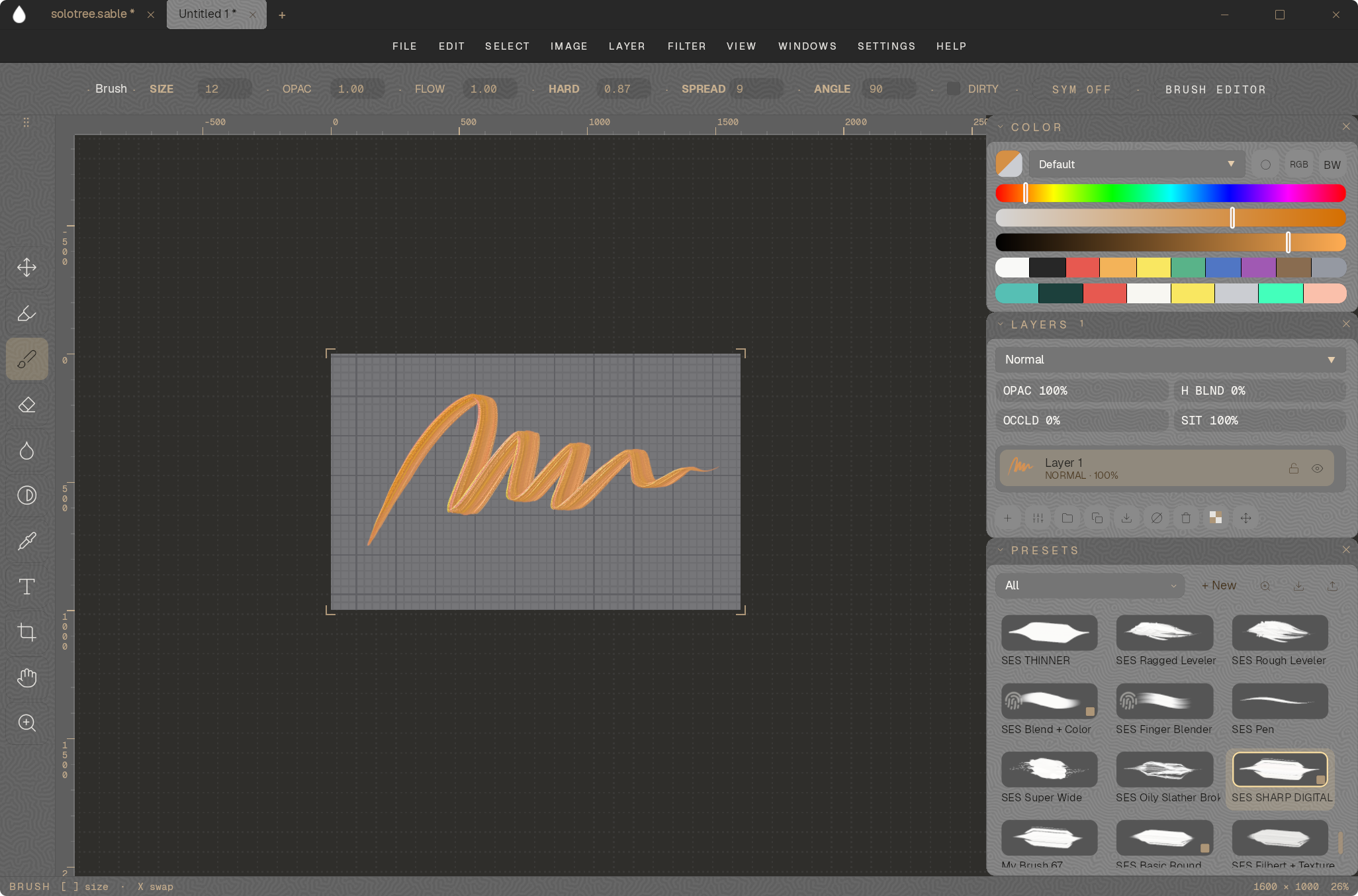 The Sable Paint workspace: a brush stroke on canvas with the colour, layers and presets panels open