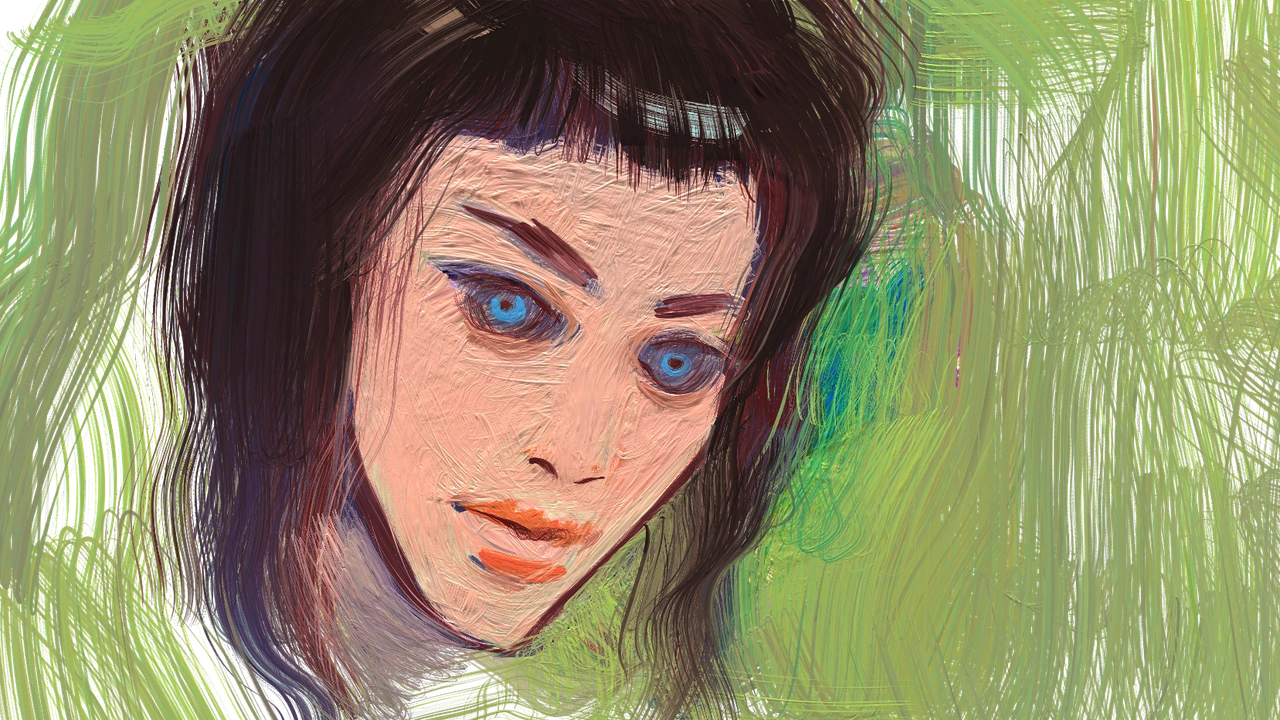 Painted study — portrait of a young woman with blue eyes against green