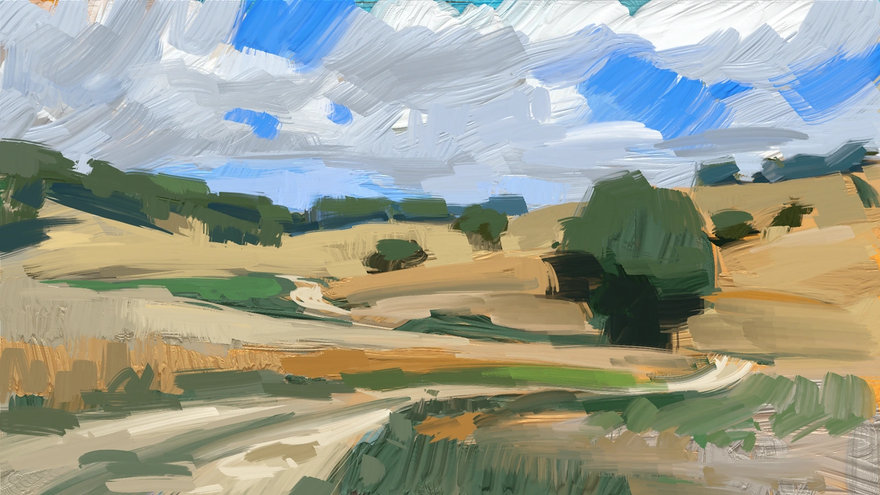 Painted study — pastoral landscape under a clouded sky