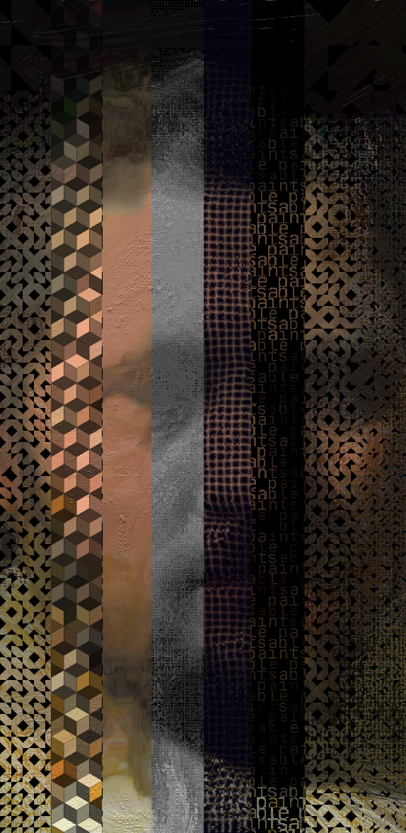 A Rembrandt study sliced into vertical bands, each run through a different Stylize mode — ornament, isometric tiling, the untouched paint, dither, mesh, and an ASCII pass typeset from the words 'sable paint'
